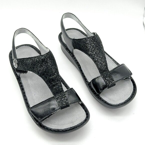 Alegria Sandals Kendra Leather T Strap Wedge Tile Me More Black Rocker US 9 EU39 - Picture 1 of 10